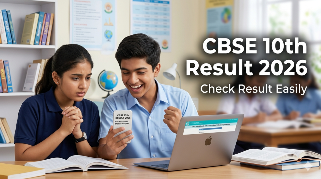 CBSE 10th result 2026 students checking result online on phone and laptop